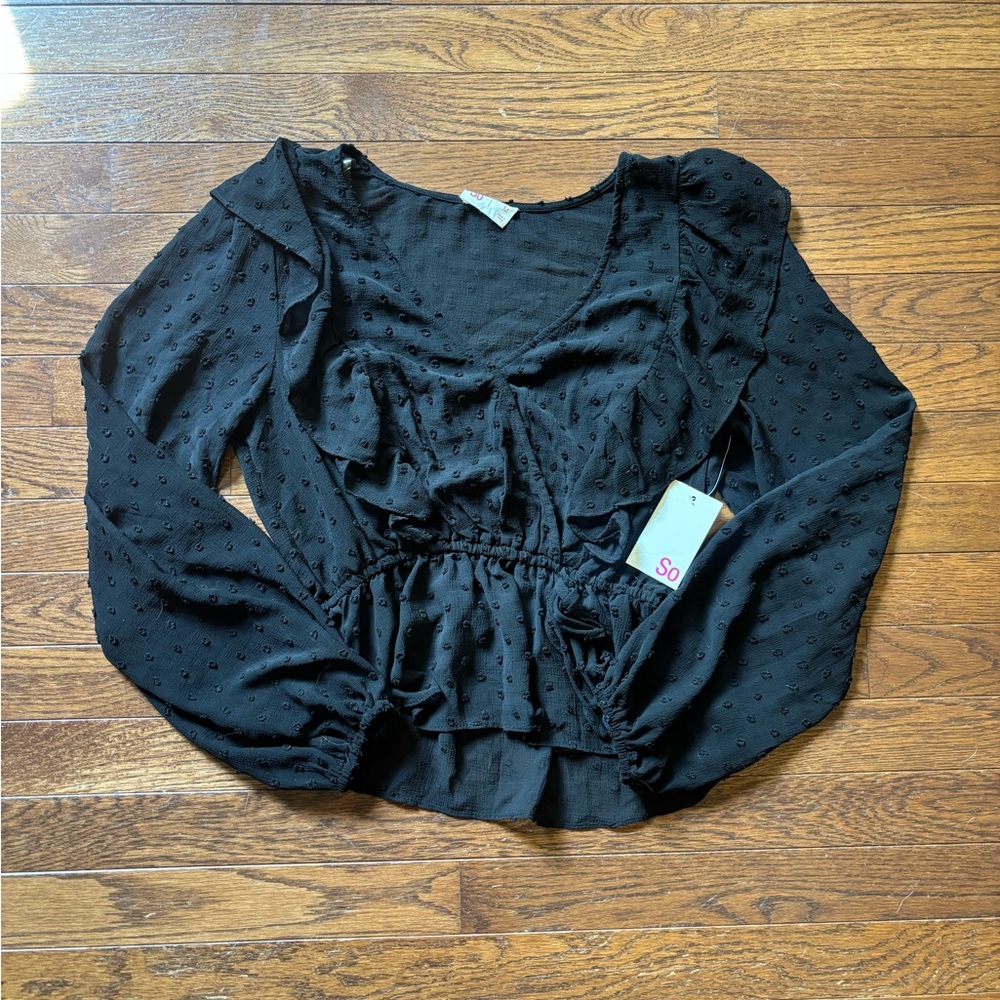 SO Black Peplum Blouse with Puff Sleeves